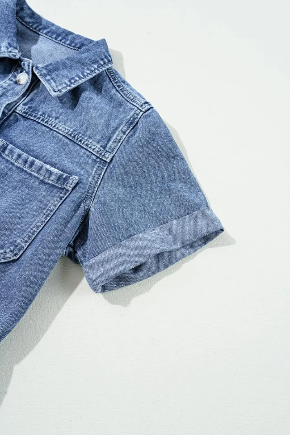 Discount Dear-Lover Chest Pocket Front Buttoned Folded Edge Denim Short Sleeve Romper Dusk Blue