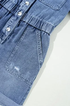 Discount Dear-Lover Chest Pocket Front Buttoned Folded Edge Denim Short Sleeve Romper Dusk Blue