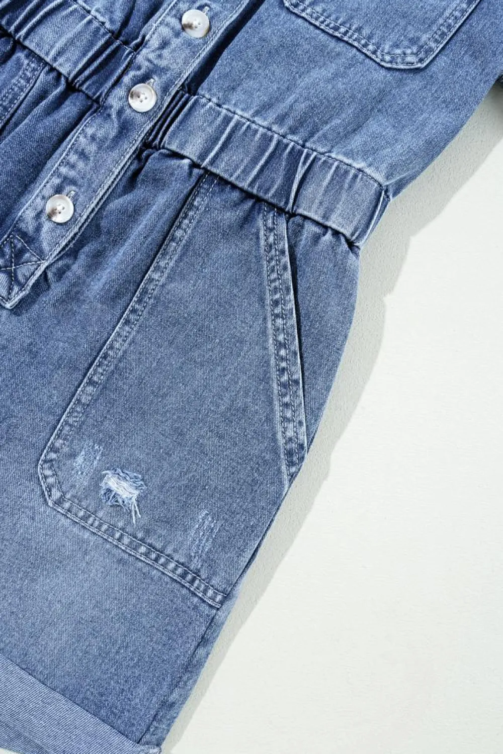 Discount Dear-Lover Chest Pocket Front Buttoned Folded Edge Denim Short Sleeve Romper Dusk Blue