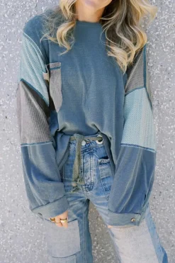 Online Dear-Lover Colorblock Stitching Patchwork Buttoned Long Sleeve Top Dusk Blue