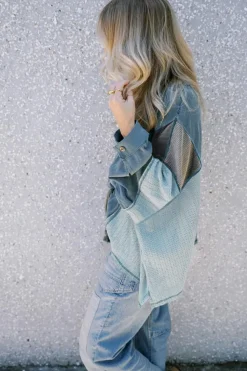 Online Dear-Lover Colorblock Stitching Patchwork Buttoned Long Sleeve Top Dusk Blue