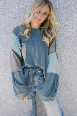 Online Dear-Lover Colorblock Stitching Patchwork Buttoned Long Sleeve Top Dusk Blue