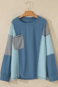 Online Dear-Lover Colorblock Stitching Patchwork Buttoned Long Sleeve Top Dusk Blue