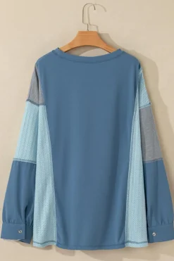 Online Dear-Lover Colorblock Stitching Patchwork Buttoned Long Sleeve Top Dusk Blue