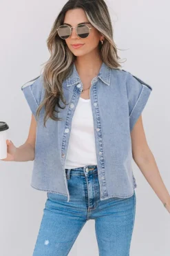 Discount Dear-Lover Denim Pinup Folded Cap Sleeve Shirt Dusk Blue