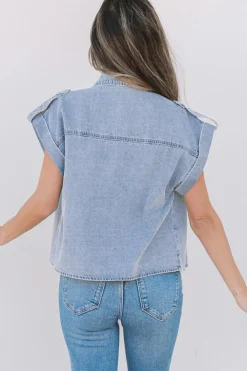 Discount Dear-Lover Denim Pinup Folded Cap Sleeve Shirt Dusk Blue