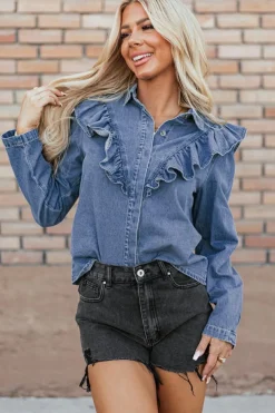 New Dear-Lover Denim Ruffled Casual Top Dusk Blue