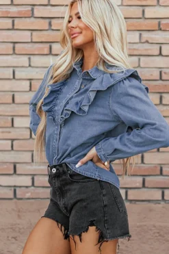 New Dear-Lover Denim Ruffled Casual Top Dusk Blue