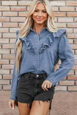 New Dear-Lover Denim Ruffled Casual Top Dusk Blue