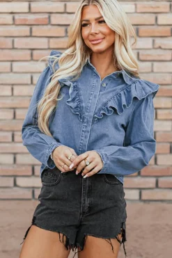 New Dear-Lover Denim Ruffled Casual Top Dusk Blue