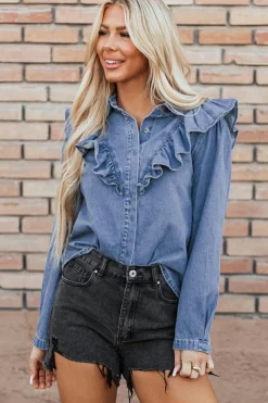 New Dear-Lover Denim Ruffled Casual Top Dusk Blue