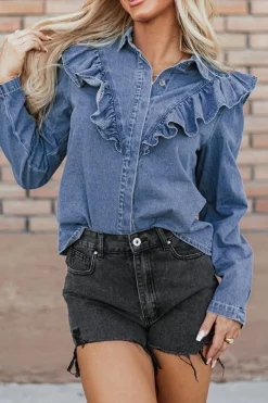 New Dear-Lover Denim Ruffled Casual Top Dusk Blue