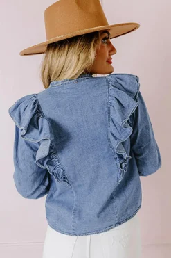 New Dear-Lover Denim Ruffled Casual Top Dusk Blue