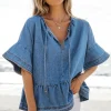 Fashion Dear-Lover Denim Ruffled Sleeve Lace up Front Peplum Top Dusk Blue