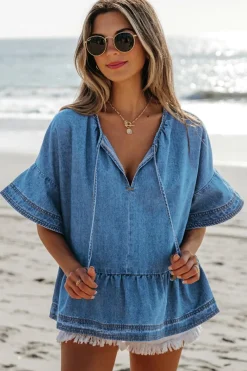 Fashion Dear-Lover Denim Ruffled Sleeve Lace up Front Peplum Top Dusk Blue