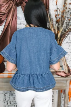 Fashion Dear-Lover Denim Ruffled Sleeve Lace up Front Peplum Top Dusk Blue