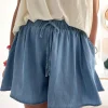 Sale Dear-Lover Drawstring Elastic Waist Wide Leg Denim Shorts Dusk Blue
