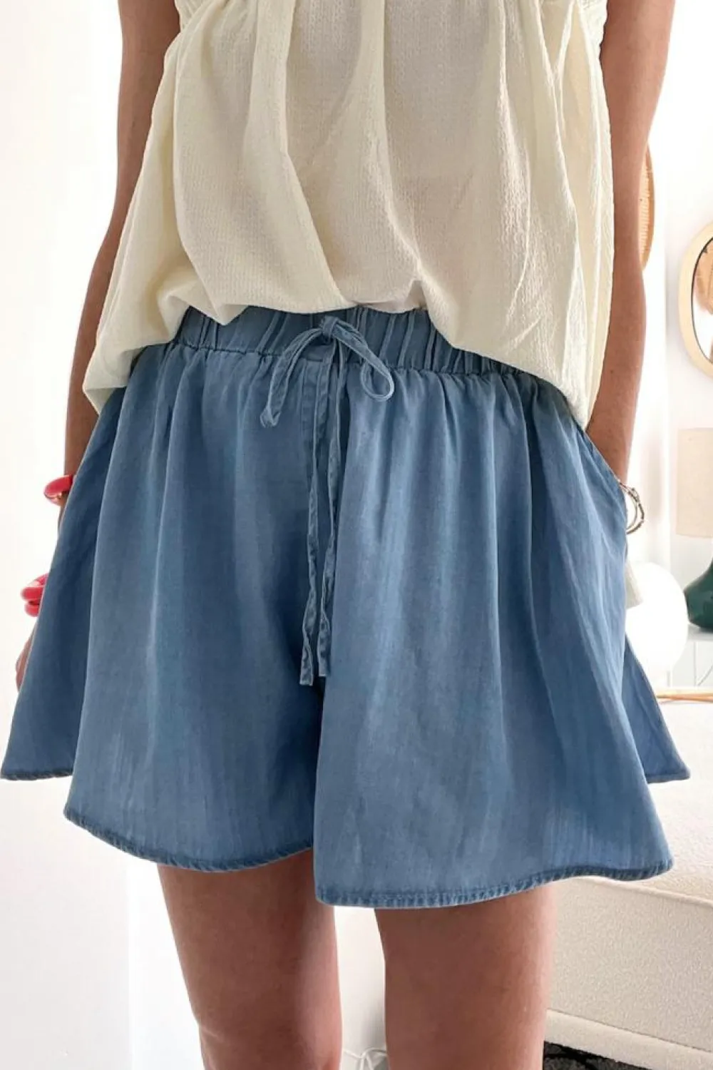 Sale Dear-Lover Drawstring Elastic Waist Wide Leg Denim Shorts Dusk Blue