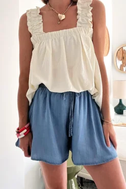 Sale Dear-Lover Drawstring Elastic Waist Wide Leg Denim Shorts Dusk Blue