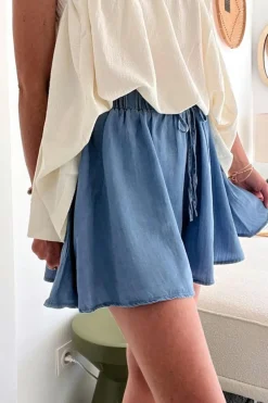 Sale Dear-Lover Drawstring Elastic Waist Wide Leg Denim Shorts Dusk Blue