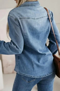 Hot Dear-Lover Flap Pockets Slim Buttoned Denim Shirt Dusk Blue