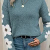 Sale Dear-Lover Flower Sleeve Drop Shoulder Sweater Dusk Blue