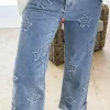 Fashion Dear-Lover Foiled Star Patchwork Straight Leg Loose Jeans Dusk Blue