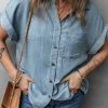 Online Dear-Lover Folded Short Sleeve Patched Pocket Denim Shirt Dusk Blue
