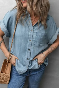 Online Dear-Lover Folded Short Sleeve Patched Pocket Denim Shirt Dusk Blue