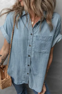 Online Dear-Lover Folded Short Sleeve Patched Pocket Denim Shirt Dusk Blue