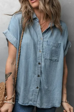 Online Dear-Lover Folded Short Sleeve Patched Pocket Denim Shirt Dusk Blue