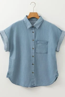 Online Dear-Lover Folded Short Sleeve Patched Pocket Denim Shirt Dusk Blue