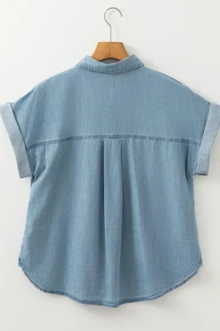 Online Dear-Lover Folded Short Sleeve Patched Pocket Denim Shirt Dusk Blue