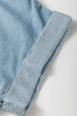 Online Dear-Lover Folded Short Sleeve Patched Pocket Denim Shirt Dusk Blue