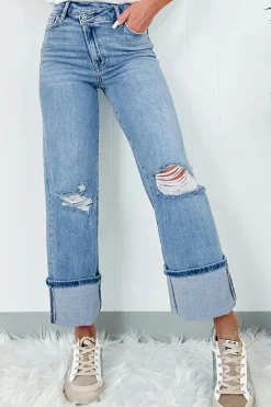 Fashion Dear-Lover High Rise Asymmetric Button Zip Fly Ripped Jeans Dusk Blue
