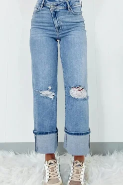 Fashion Dear-Lover High Rise Asymmetric Button Zip Fly Ripped Jeans Dusk Blue