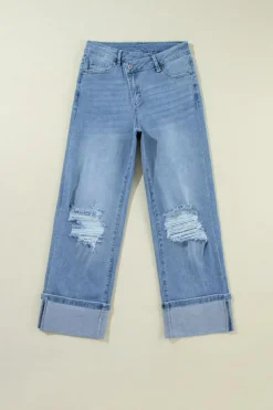 Fashion Dear-Lover High Rise Asymmetric Button Zip Fly Ripped Jeans Dusk Blue