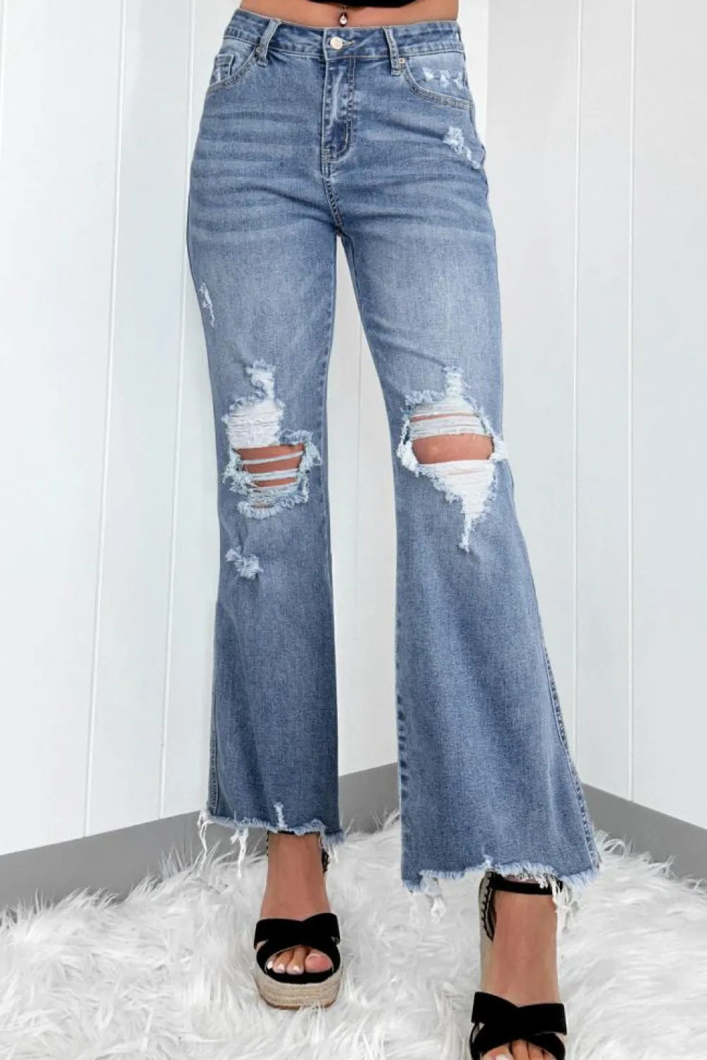 Sale Dear-Lover High Rise Ripped Distressed Hem Flared Jeans Dusk Blue
