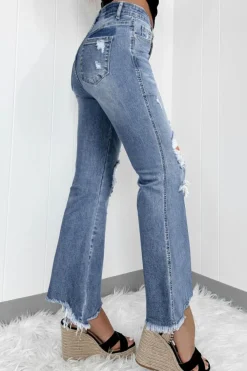 Sale Dear-Lover High Rise Ripped Distressed Hem Flared Jeans Dusk Blue