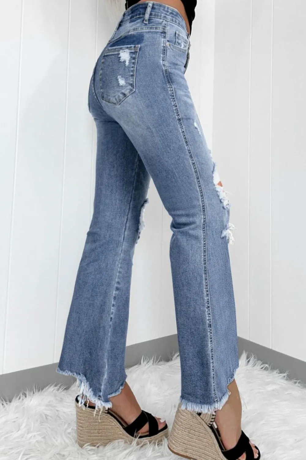 Sale Dear-Lover High Rise Ripped Distressed Hem Flared Jeans Dusk Blue
