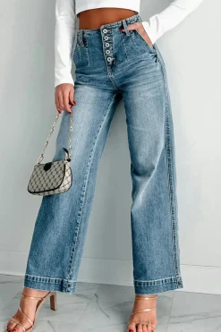 Sale Dear-Lover Multi Buttons Medium Wash Straight Loose Leg Jeans Dusk Blue