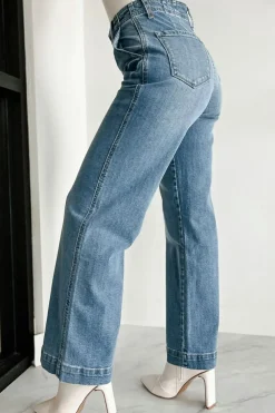 Sale Dear-Lover Multi Buttons Medium Wash Straight Loose Leg Jeans Dusk Blue