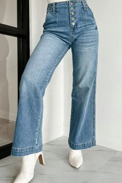 Sale Dear-Lover Multi Buttons Medium Wash Straight Loose Leg Jeans Dusk Blue