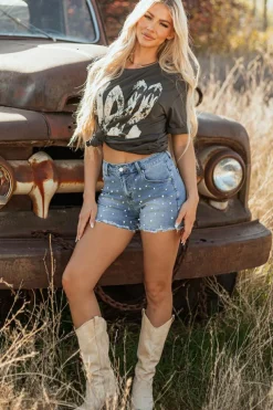 Clearance Dear-Lover Pearl Beaded Raw Hem Medium Wash Denim Shorts Dusk Blue