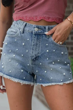 Clearance Dear-Lover Pearl Beaded Raw Hem Medium Wash Denim Shorts Dusk Blue