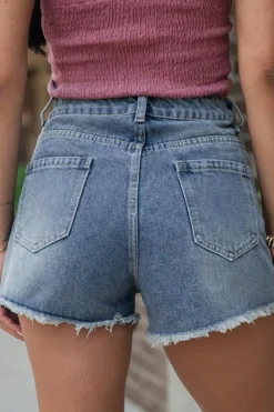 Clearance Dear-Lover Pearl Beaded Raw Hem Medium Wash Denim Shorts Dusk Blue
