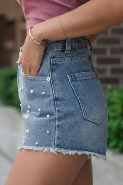 Clearance Dear-Lover Pearl Beaded Raw Hem Medium Wash Denim Shorts Dusk Blue