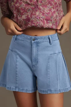 Discount Dear-Lover Pleated Patchwork Wide Leg Lightweight Denim Shorts Dusk Blue