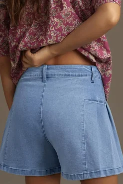 Discount Dear-Lover Pleated Patchwork Wide Leg Lightweight Denim Shorts Dusk Blue