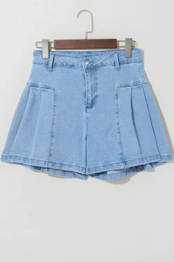 Discount Dear-Lover Pleated Patchwork Wide Leg Lightweight Denim Shorts Dusk Blue